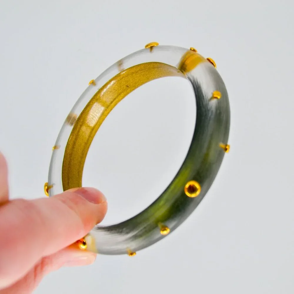 Alexis Bittar Gold Studded Lucite Hinged Statement Bracelet Transparent Green - Picture 6 of 6